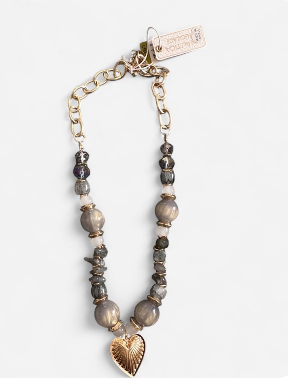 Nautica Heart Pendant Beaded Necklace - Gold & Gray